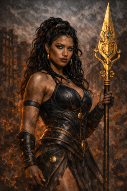 Zafira, the brandy-eyed warrior wielding the Nebu Lance